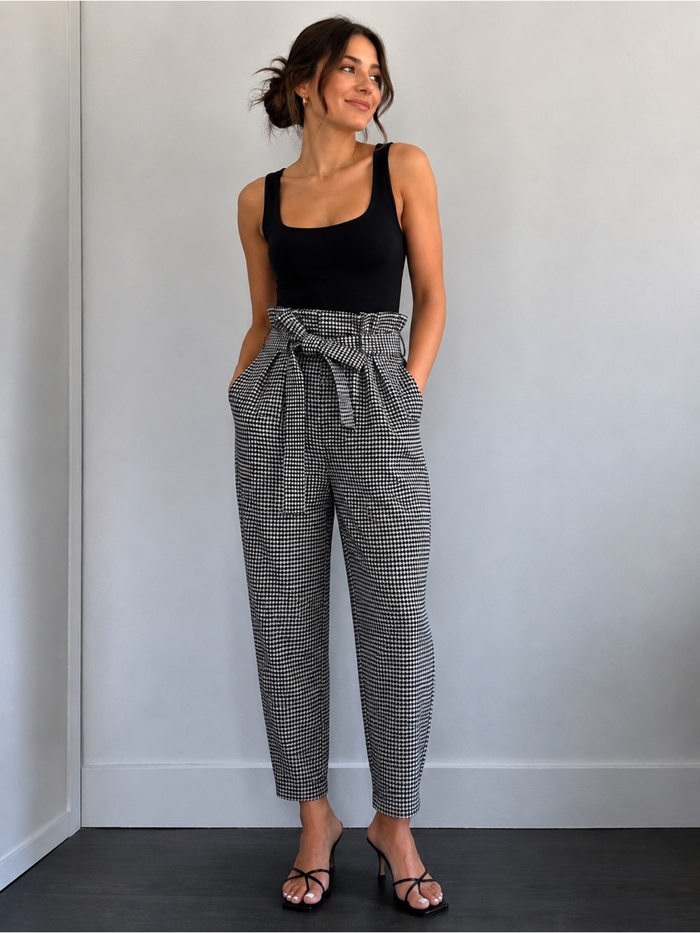 H&M High Waist Belted Houndstooth Pants